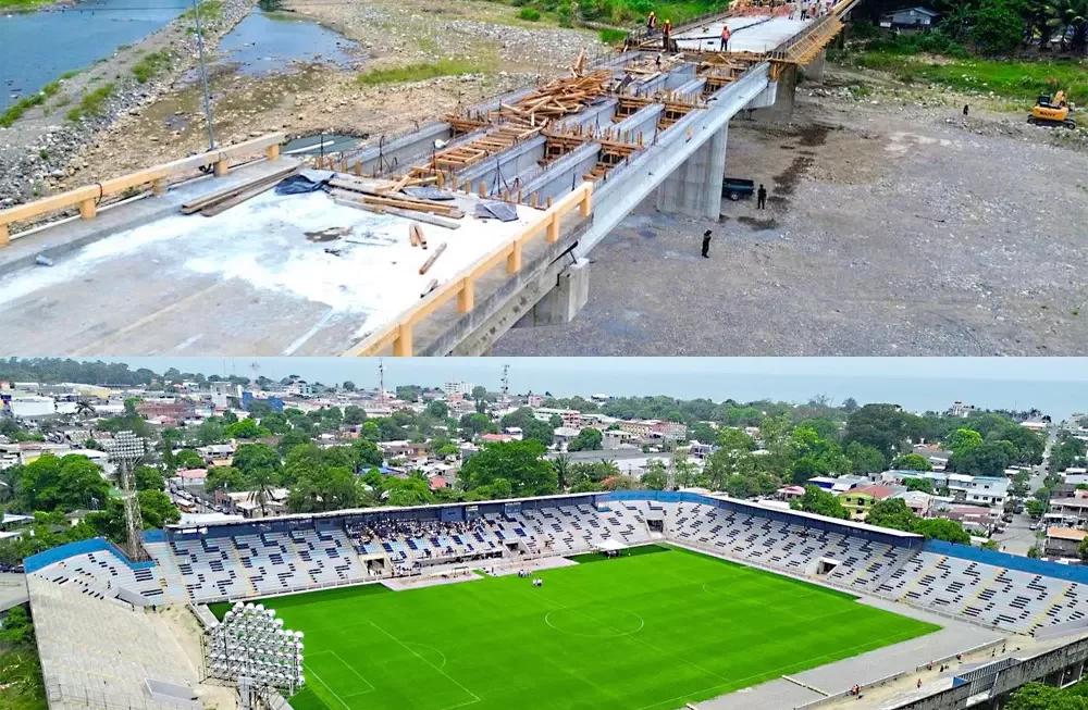 Presidenta Castro supervisa avances del estadio Ceibeño y el Puente Saopín